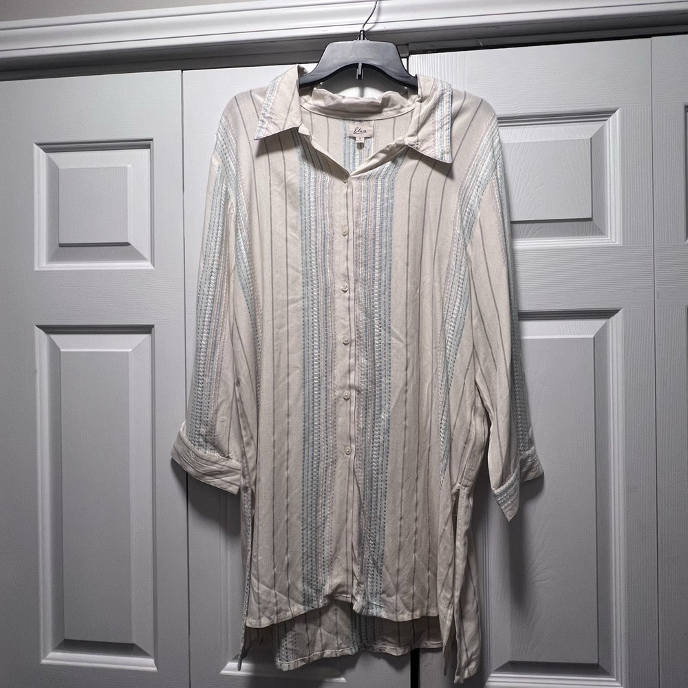 Elan Striped Bermuda Boyfriend Cover Up Shirt Size Small Beige & Blue New
